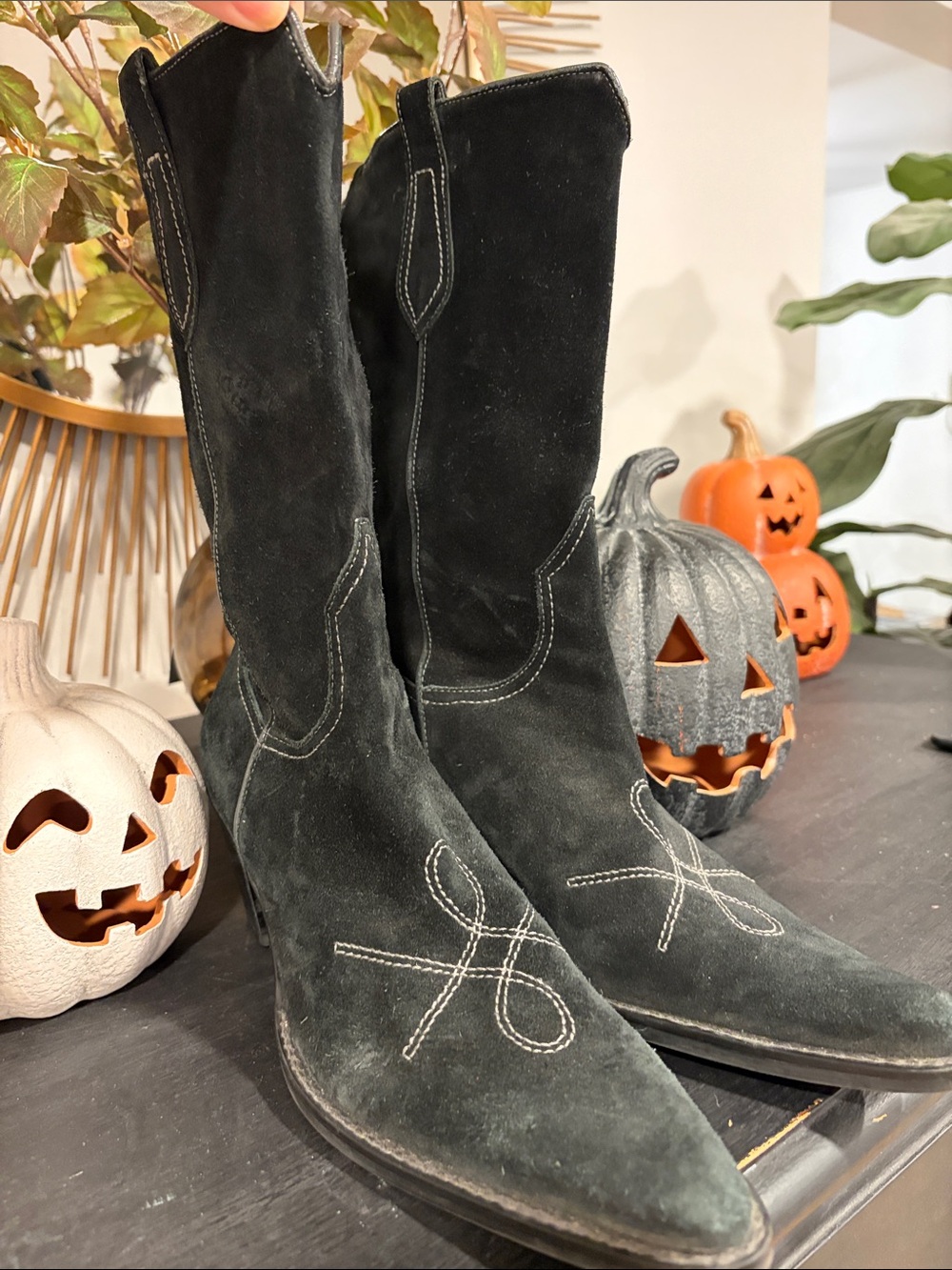 Franco Sarto Black Suede Pointed-Toe Western Boots